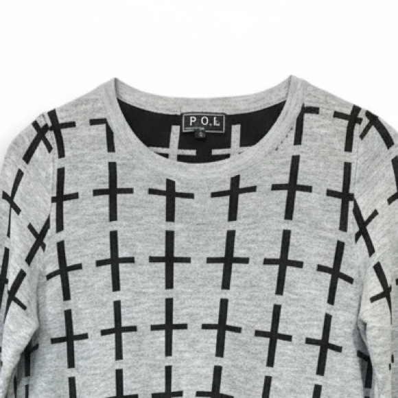 POL Cotton Long Sleeve Pullover Crewneck Sweater Gray Black Size Medium - Picture 5 of 9